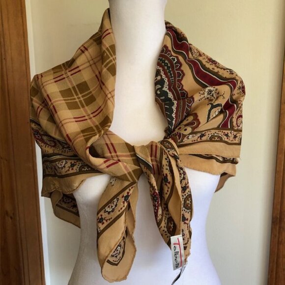 TALBOTS Italian Silk Brown Paisley Plaid Scarf 33" Square - Picture 9 of 17